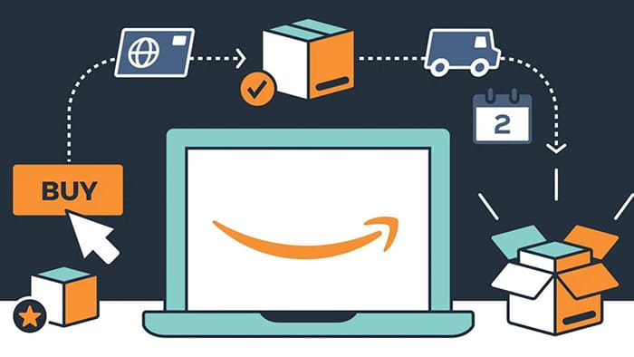 cartoon image of laptop with amazon smile logo and delivery process