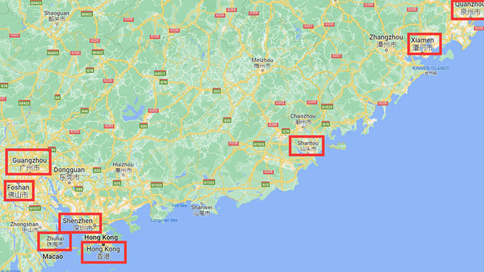 01 China port 700 map of china with key shipping ports highlighted in red boxes