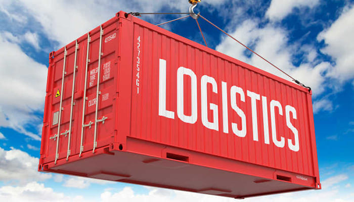 red steel storage container with the word LOGISTICS printed at the side