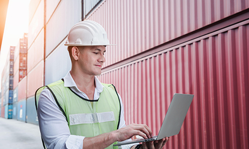 man checking cargo manifest online through his laptop