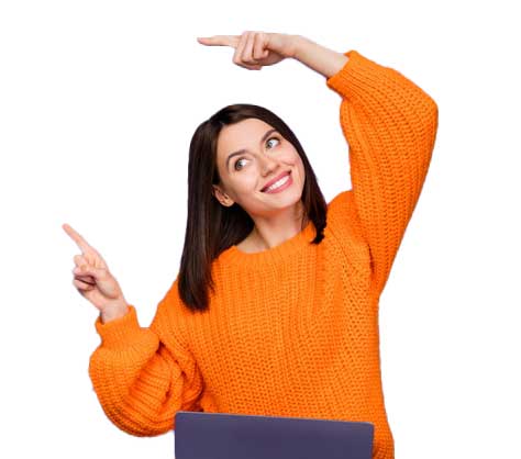 woman in orange blouse pointing both hands to the upper-left corner