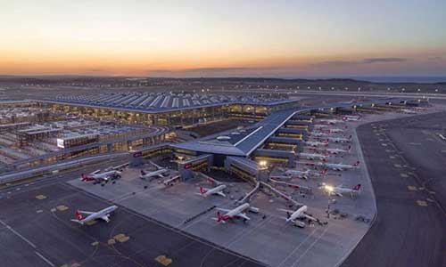 international airport with a lot of grounded freight planes