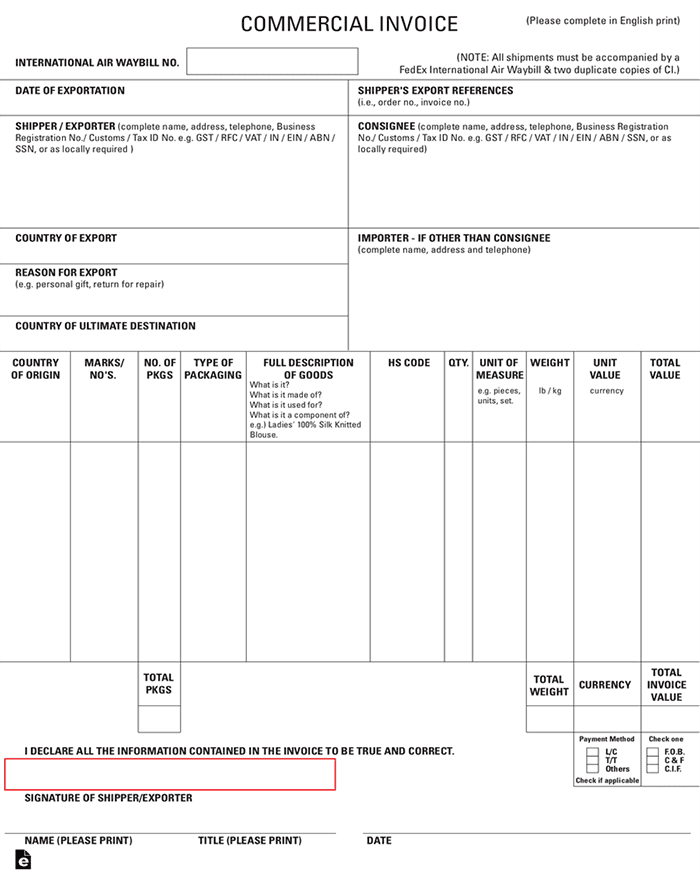 digital sample of a blank shipping commercial invoice