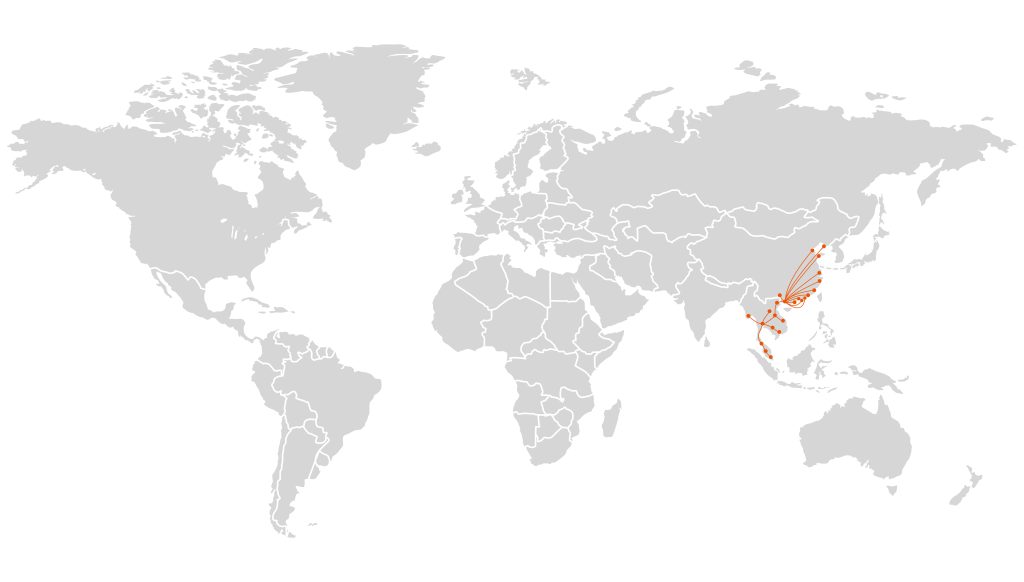 light gray world map with orange dots